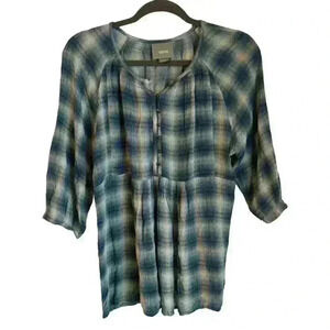 Maeve Anthropologie Small Blue Plaid Blouse Button Up Long Sleeve Top Round Neck